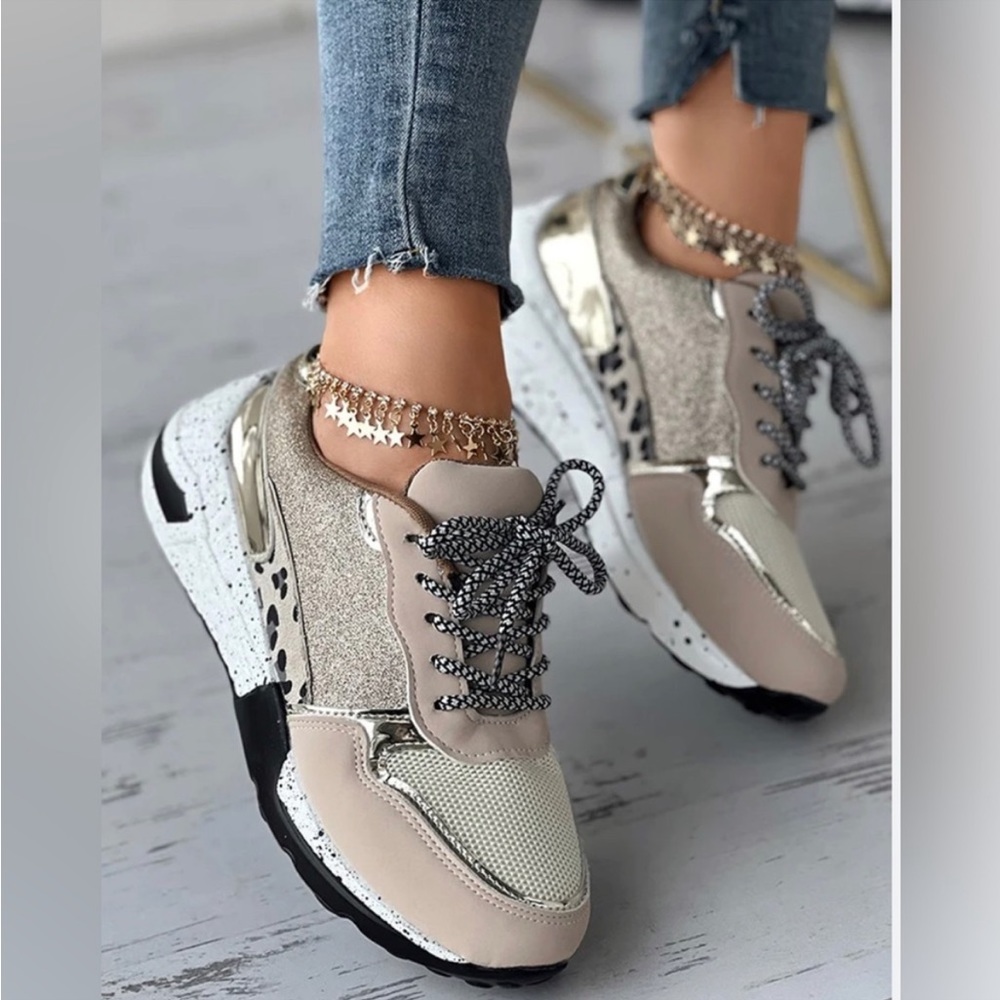 NWT Tan With Gold and Cheetah Print Sneakers.